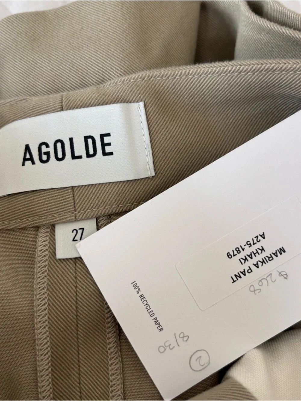 NWT Agolde Marika pant  Wide Leg Chino Pants - Khaki size 27 - Picture 4 of 4